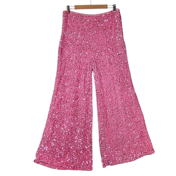 Faeriesty Pants - Faeriesty Pants Women's XL Pink Velvet Sequin Wide Leg Y2K Barbie Festival